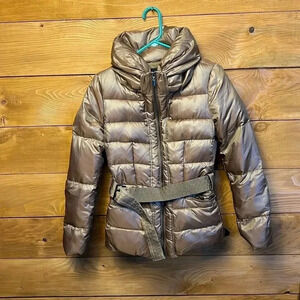 Zara woman down and Feather jacket Coat md gold high‎ collar warm Belted Winter